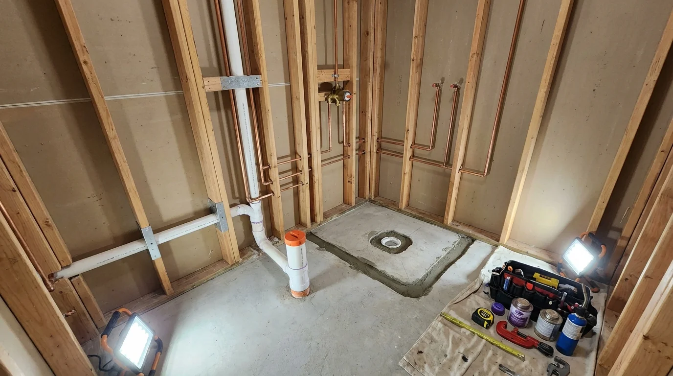 Bathroom rough-in plumbing during remodel by Johns Plumbing LLC in Terryville