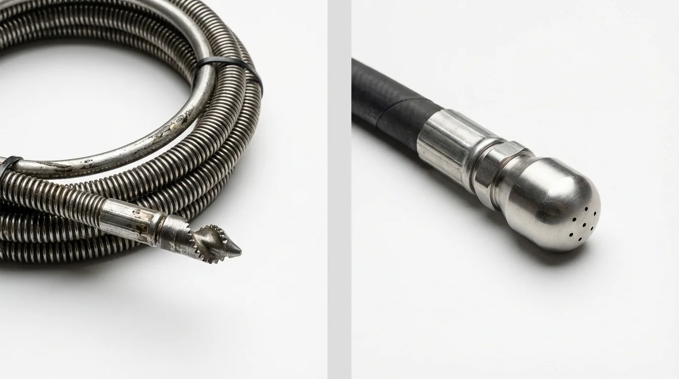 Drain snake cable and hydro jetting nozzle used for drain cleaning in Terryville, CT