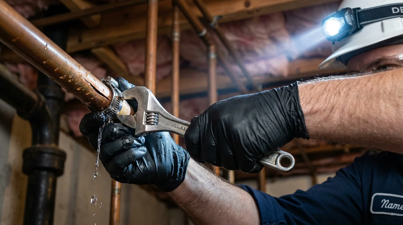 Emergency pipe clamp repair being performed by a Johns Plumbing LLC plumber in Terryville