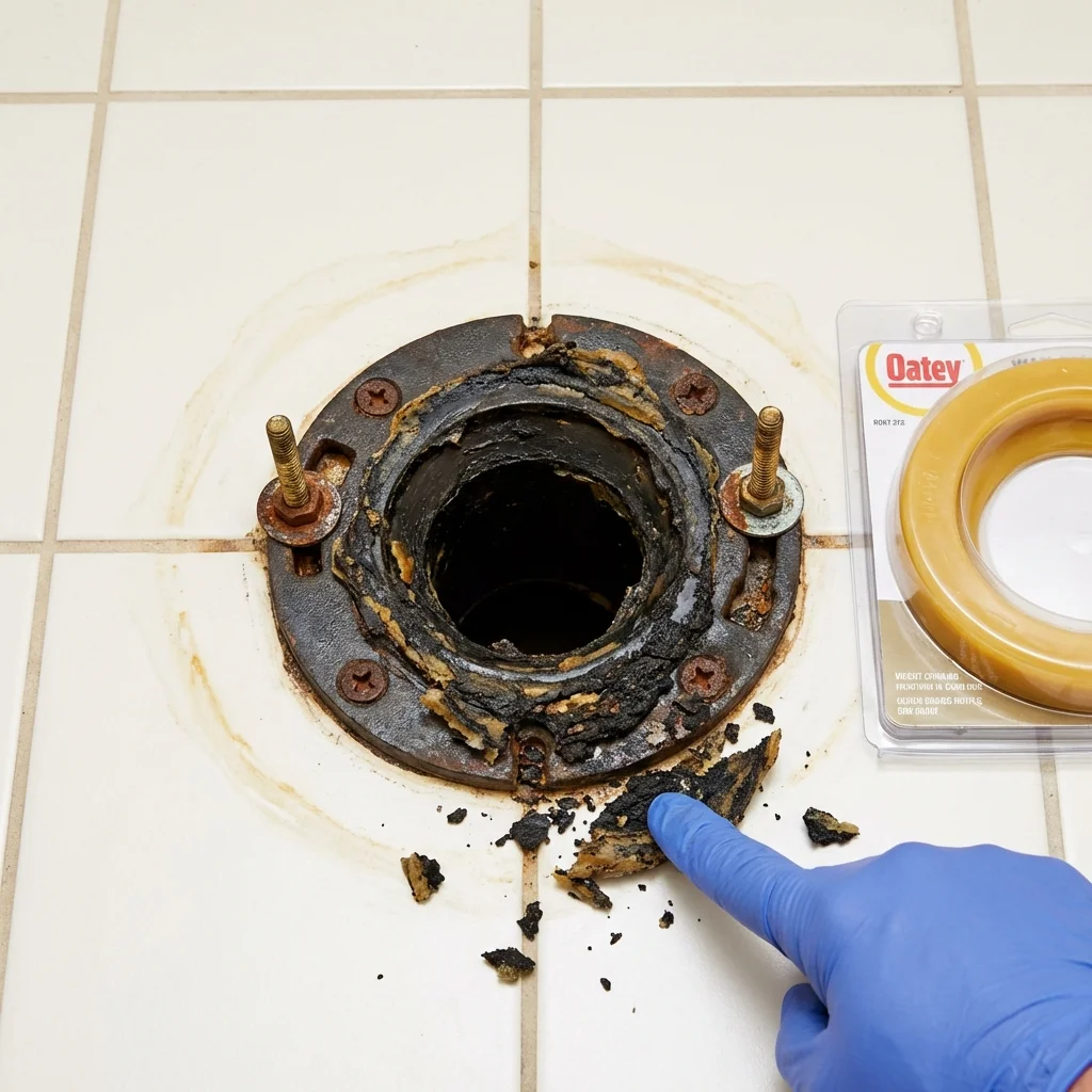 Failed wax ring showing water seepage at the base of a toilet in a Terryville, CT home