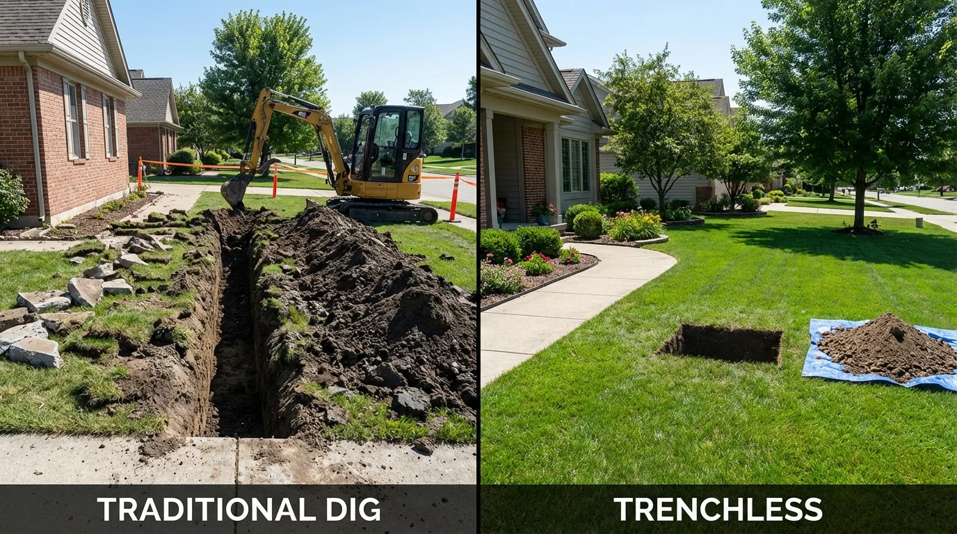 Trenchless sewer repair with minimal yard damage versus traditional excavation in Terryville, CT