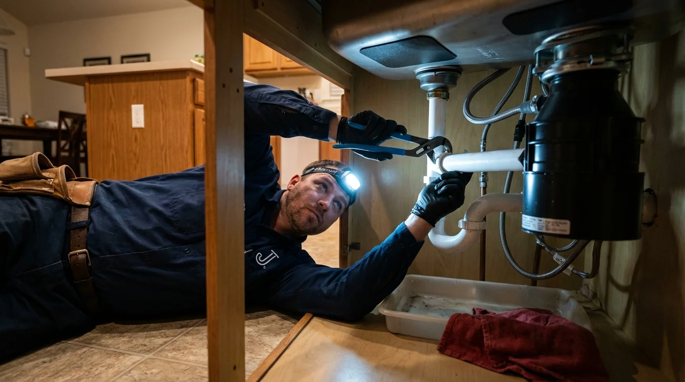 P-trap and supply line connections under a kitchen sink showing a common leak point in Terryville, CT